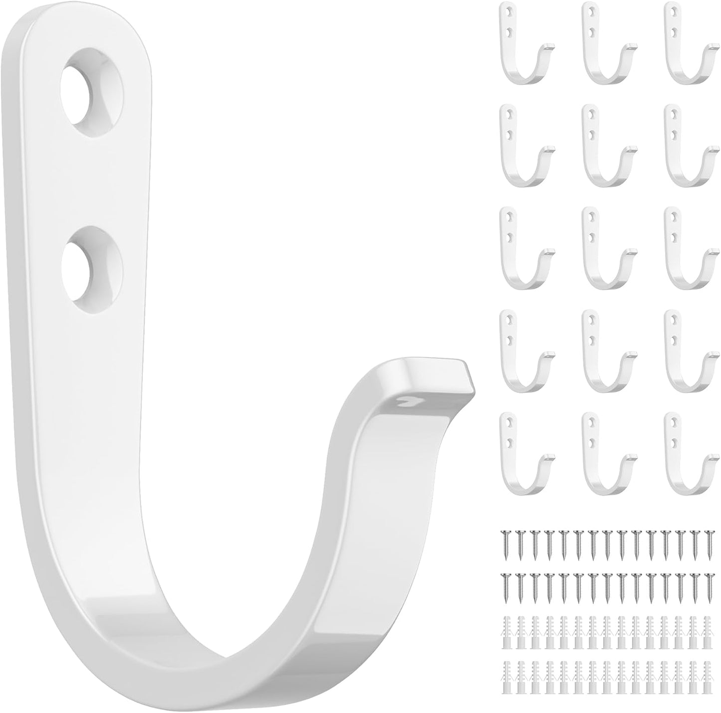 15Pcs Wall Hooks for Bathroom, Kitchen, Closet, and Garage - White Metal Hooks for Hanging Coats, Towels, Hats, Keys, Bags, and Coffee Cups - Holds Up to 40 lbs