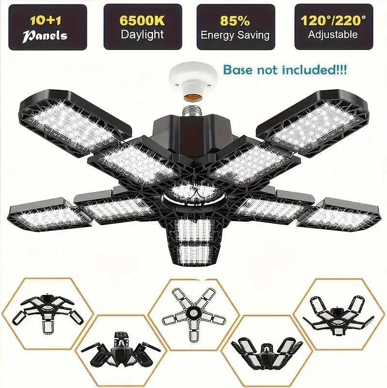 2 Packs LED Garage Light, Super Bright Screw in E26/E27 Ceiling Shop Work Lamp, 260W 26000 Lumen Deformable Basement Bulb Fixture with 10+1 Adjustable Panels, Lighting for Workshop, Attic
