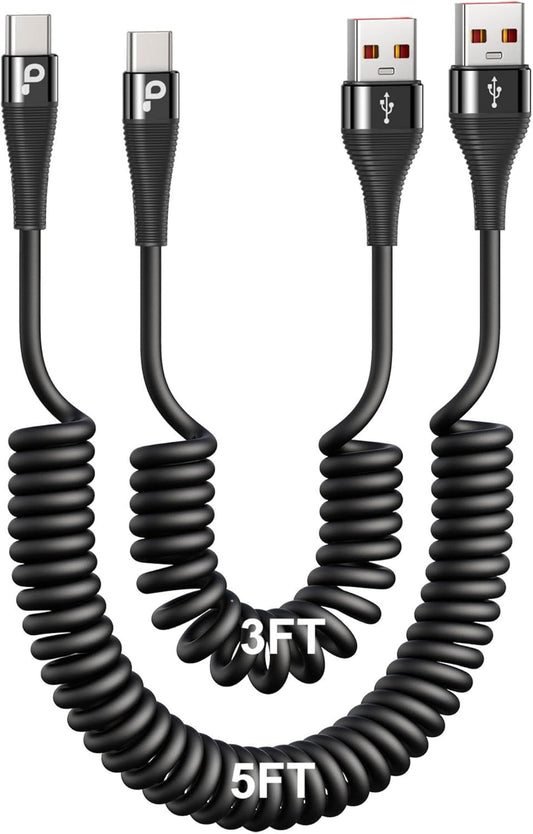 PRAKIE Coiled USB C Cable Fast Charging for Car 3FT/5FT, USB A to USB C Cable, Type C Charge Cord USB-C Charging Cable Compatible with iPhone 16/15/Samsung Galaxy S20 and More USB C Devices-Black