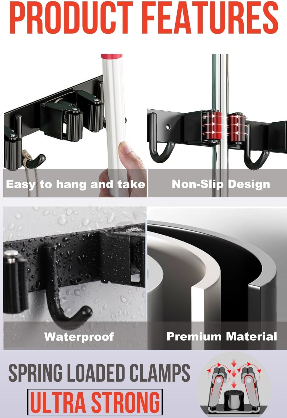 2 Pack Mop and Broom Holder Wall Mount, Upgraded Broom Hanger Wall Mount, Stainless Steel Broom Organizer for Closet Garage Laundry Room Kitchen Wall Decor Black 3R4H