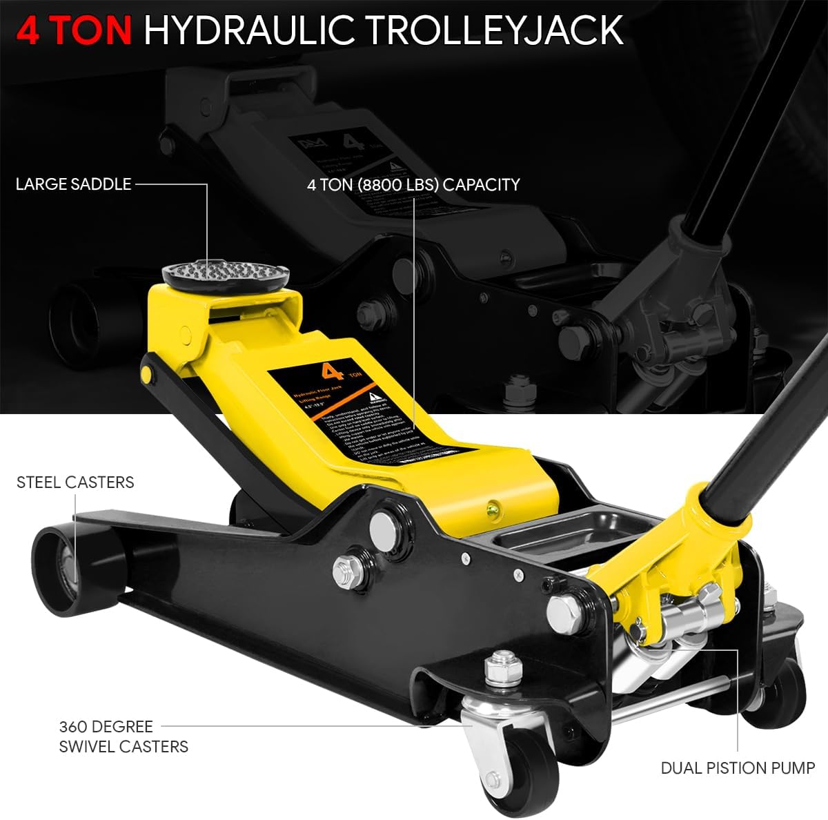 DNA MOTORING Low Profile Hydraulic Trolley Service/Floor Jack, 4 Ton (8000 lbs) Capacity, Lifting Range 4.5"-20", Yellow, TOOLS-00307-YL