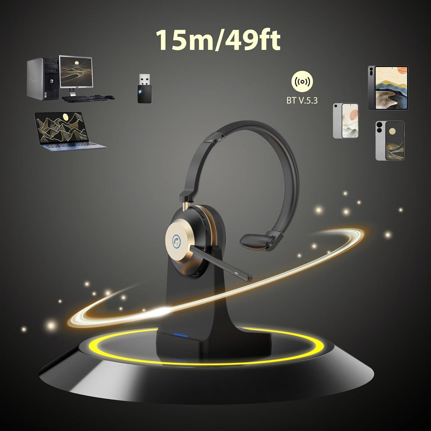 V5.3 Wireless Headset with Mic for Work, 45Hrs Computer Headset with Microphone, Bluetooth Headphones with Noise Cancelling Mic, Charging Base, USB Dongle & Mute Button for PC, Skype, Zoom