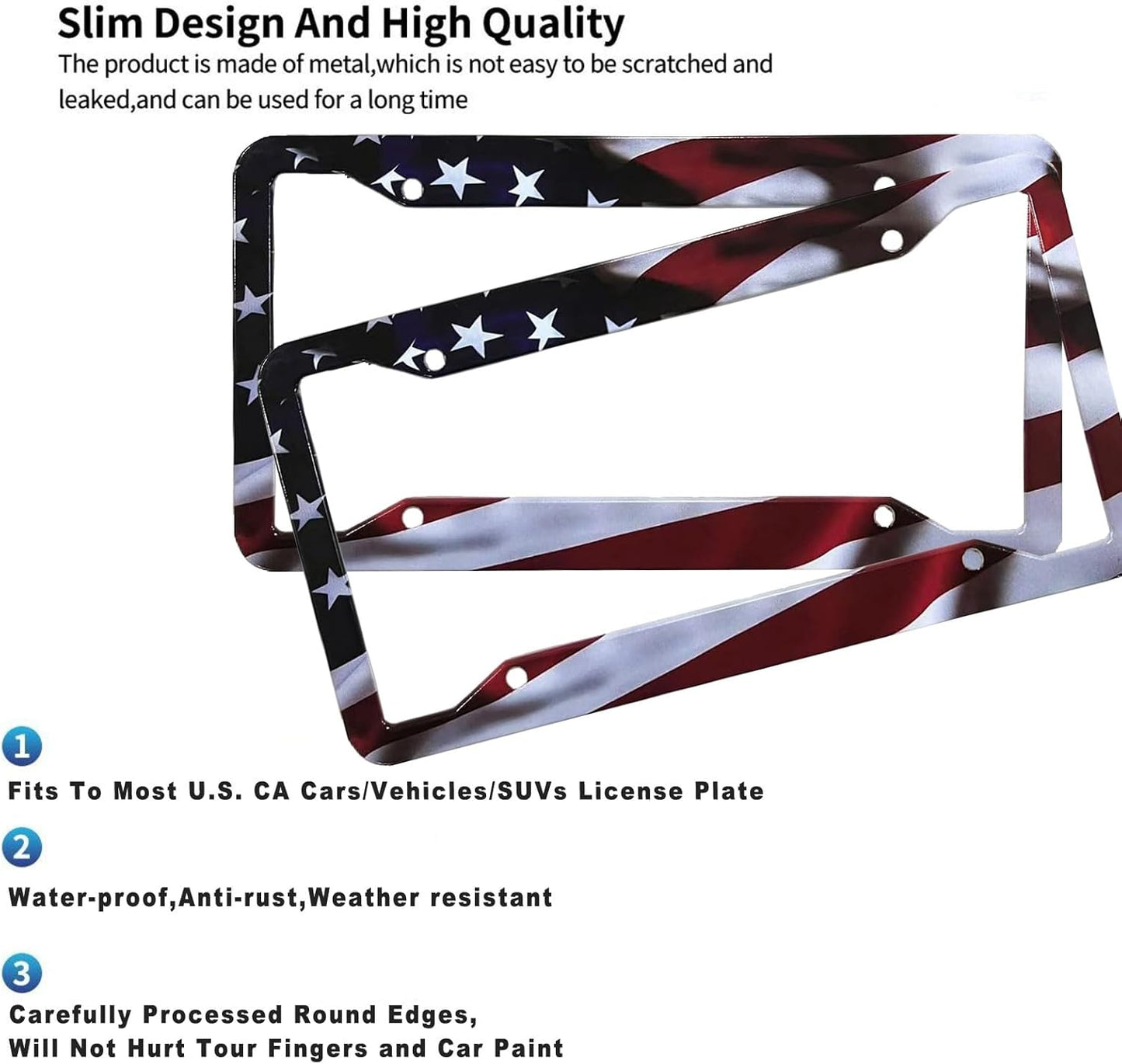 2Pack American Flag License Plate Frame - Rustproof Aluminum Patriotic Car Tag Holder Bracket Fits All Vehicles, US Flag License Plate Frame with Screws Included