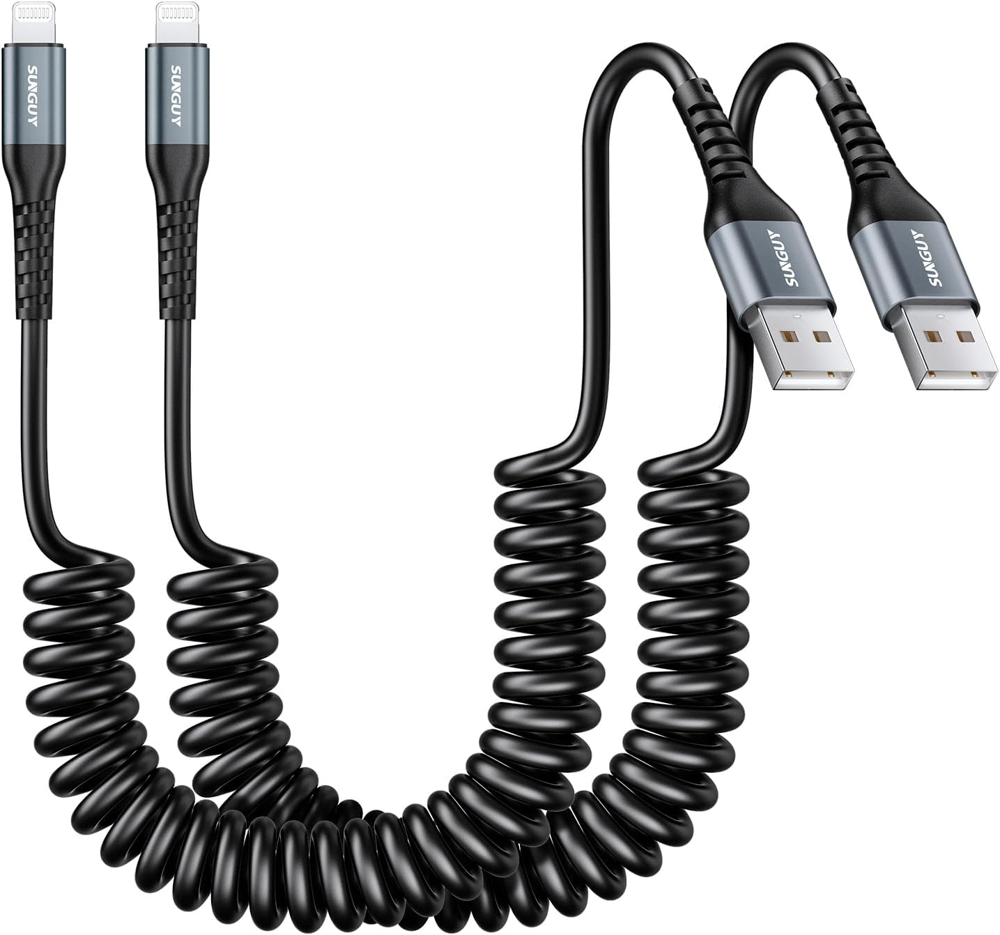 SUNGUY Coiled USB to Lightning Cable for Car, 2-Pack 4FT [MFi Certified] Retractable iPhone Charger Cable, Fast Charging CarPlay Cable for iPhone 14/13/12/11 Pro Max/XS MAX/XR/XS/iPad/iPod
