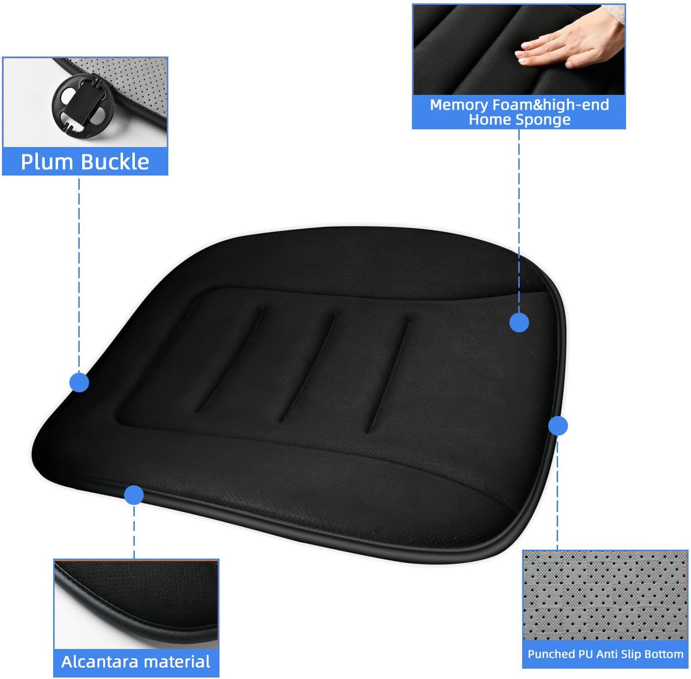 KAYI Car Seat Cushion, Memory Foam Car Seat Cushion, Anti Slip Rubber Bottom Car Seat Cushions for Driving, Suitable for Car and Office Chairs (2 Pack, Black)