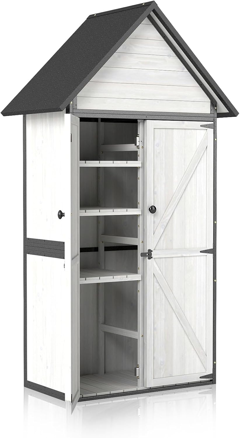 Outdoor Storage Shed with Sloped Roof - Heavy-Duty Metal & Wood Garden Cabinet, Adjustable Shelves, Large Capacity Waterproof Design for Patio, Garage, Backyard (Off White)