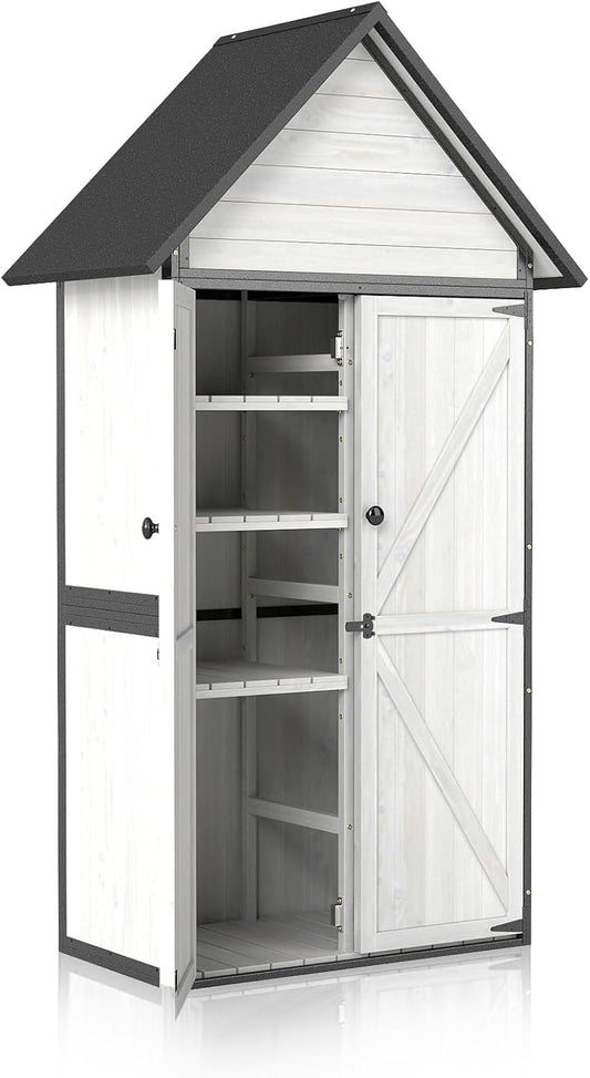 Outdoor Storage Shed with Sloped Roof - Heavy-Duty Metal & Wood Garden Cabinet, Adjustable Shelves, Large Capacity Waterproof Design for Patio, Garage, Backyard (Off White)