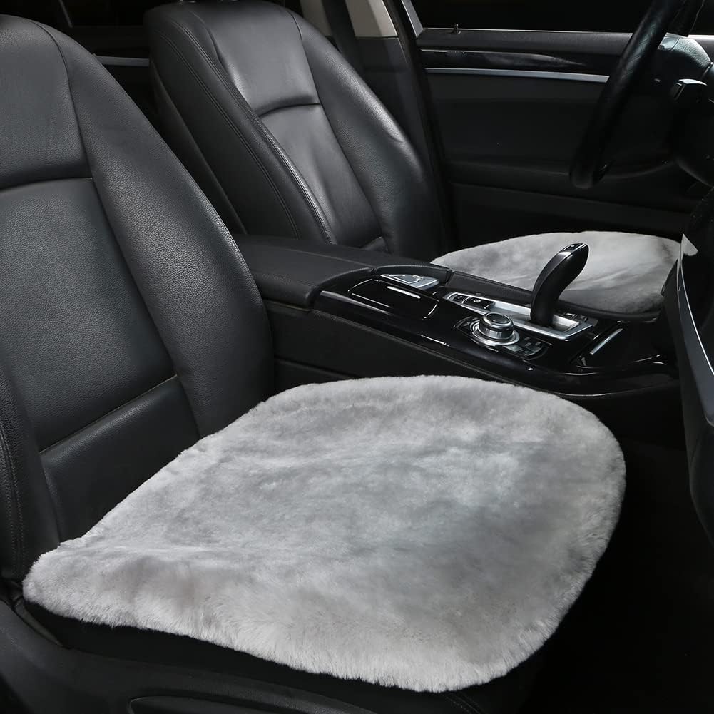 LLB Genuine Sheepskin Car Seat Cushion Seat Covers for Cars Trucks SUV Comfort Seat Protector Pad for Car Driver Seat Car Accessories for Women Office Chair Car Decor (Grey, Front Seat Cushions-2 Pcs)
