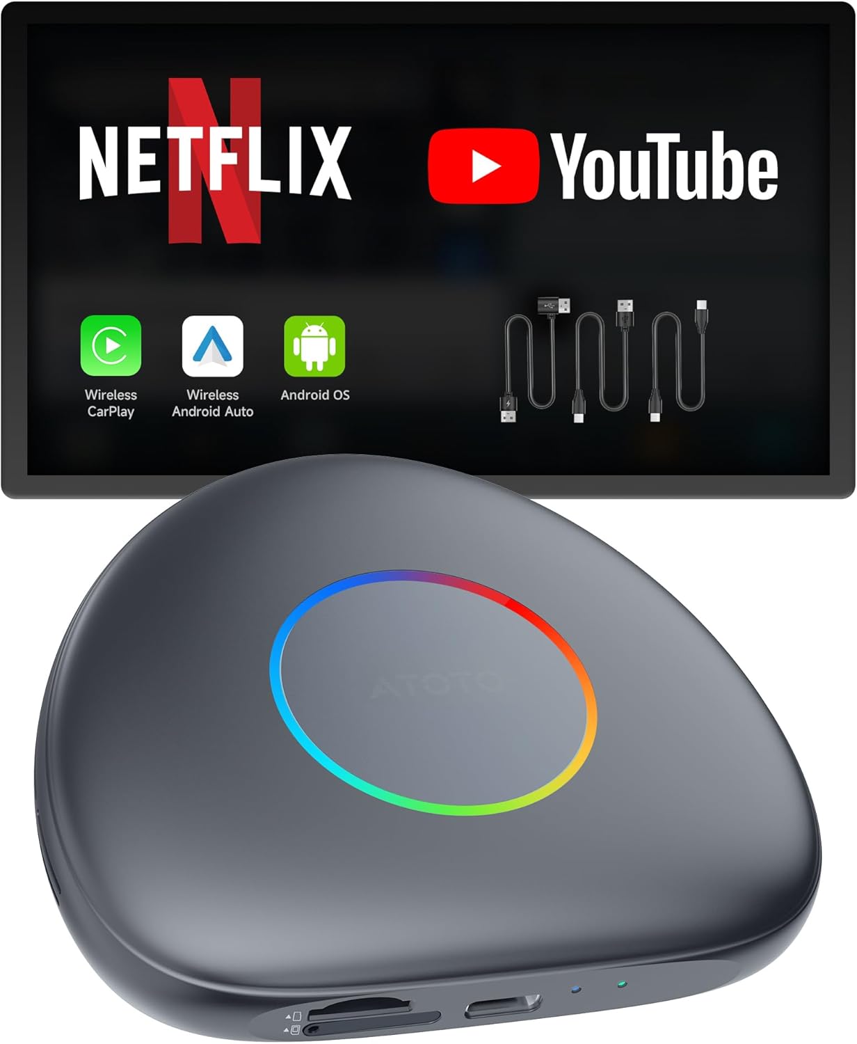 Wireless CarPlay Adapter Android 13 AI Box, Upgraded CB6C Video Streaming Plug & Play Carplay Box for iPhone & Android Auto with ChatGPT, Supports YouTube, Netfilx, TikTok, 4G LTE, 4G+64G