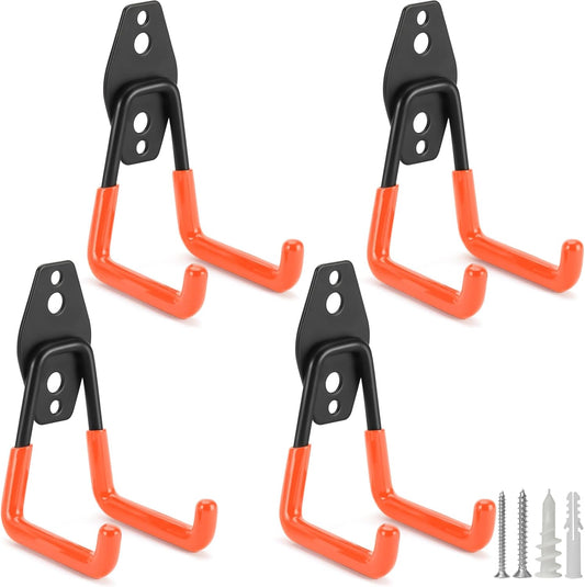 4 Pack Heavy Duty Garage Hooks Storage Organizer Wall Mount Power and Garden Tool Hangers, for Hanging Ladders, Ropes, Hose, Bulk Items