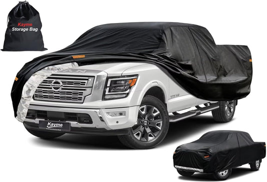 Kayme Truck Cover Custom Fit Nissan Titan(2004-2015) King/Crew Cab Short Bed. Full Exterior Heavy Duty Outdoor Pickup Truck Car Cover Waterproof All Weather.Car Tarp for Wind Sun Dust Protection.Black
