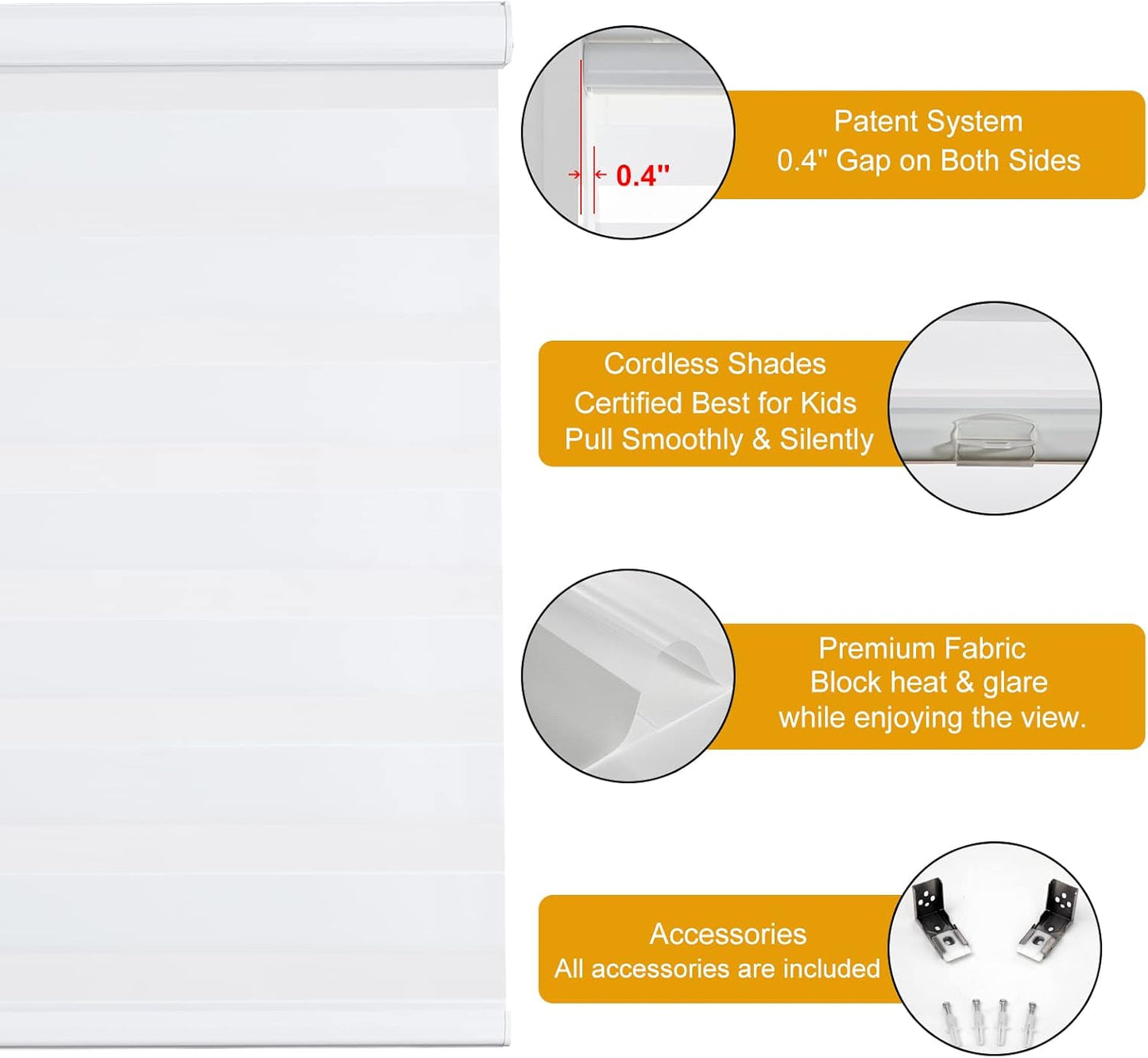 Persilux Zebra Blinds for Windows, Cordless Roller Shades Window Treatments (17" W x 72" H, White) Light Filtering Dual Layer Roller Window Shades Sheer Shades for Home and Office