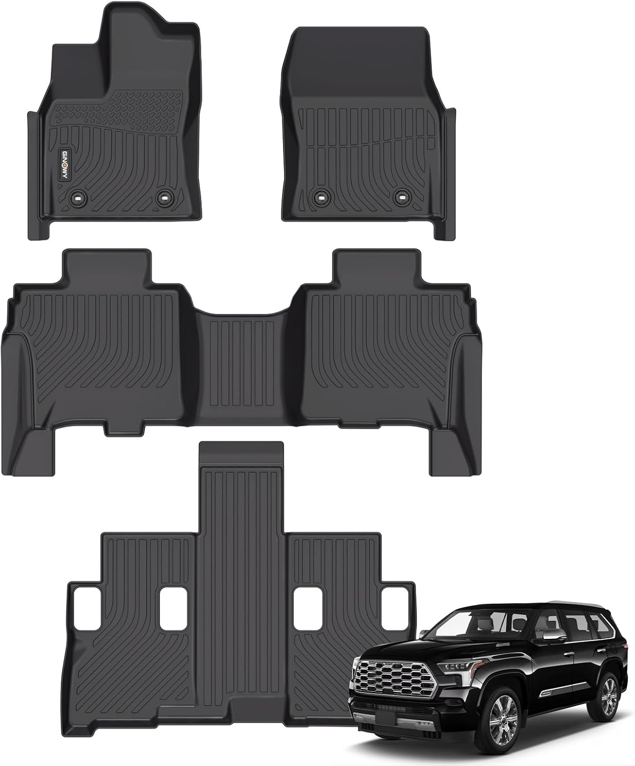 GINOWY-Floor Mats for Toyota Sequoia 2023 2024 2025, TPE All Weather Sequoia Car Mats, 1st & 2nd & 3rd Row Set, Non-Slip Floor Liners Waterproof Custom Fit Sequoia Accessories Mats Black