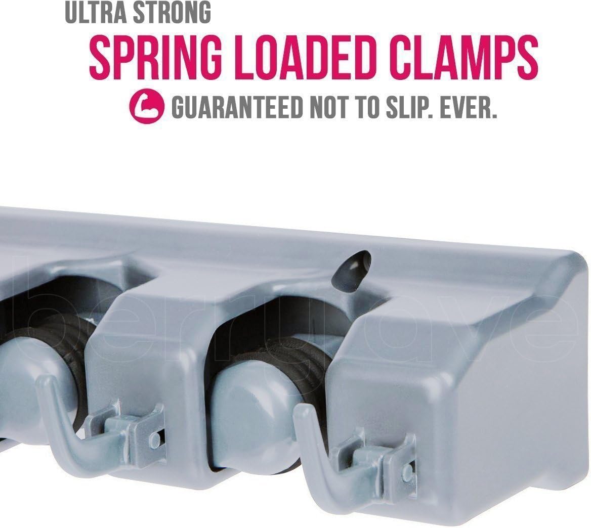 Berry Ave Broom Holder & Wall Mount Garden Tool Organizer- Kitchen, Closet, Garage & Laundry Room Storage With 5 Slots And 6 Hooks- Wall Holder For Broom, Rake & Mop Handles Up To 1.25” [Gray, 2 Pack]