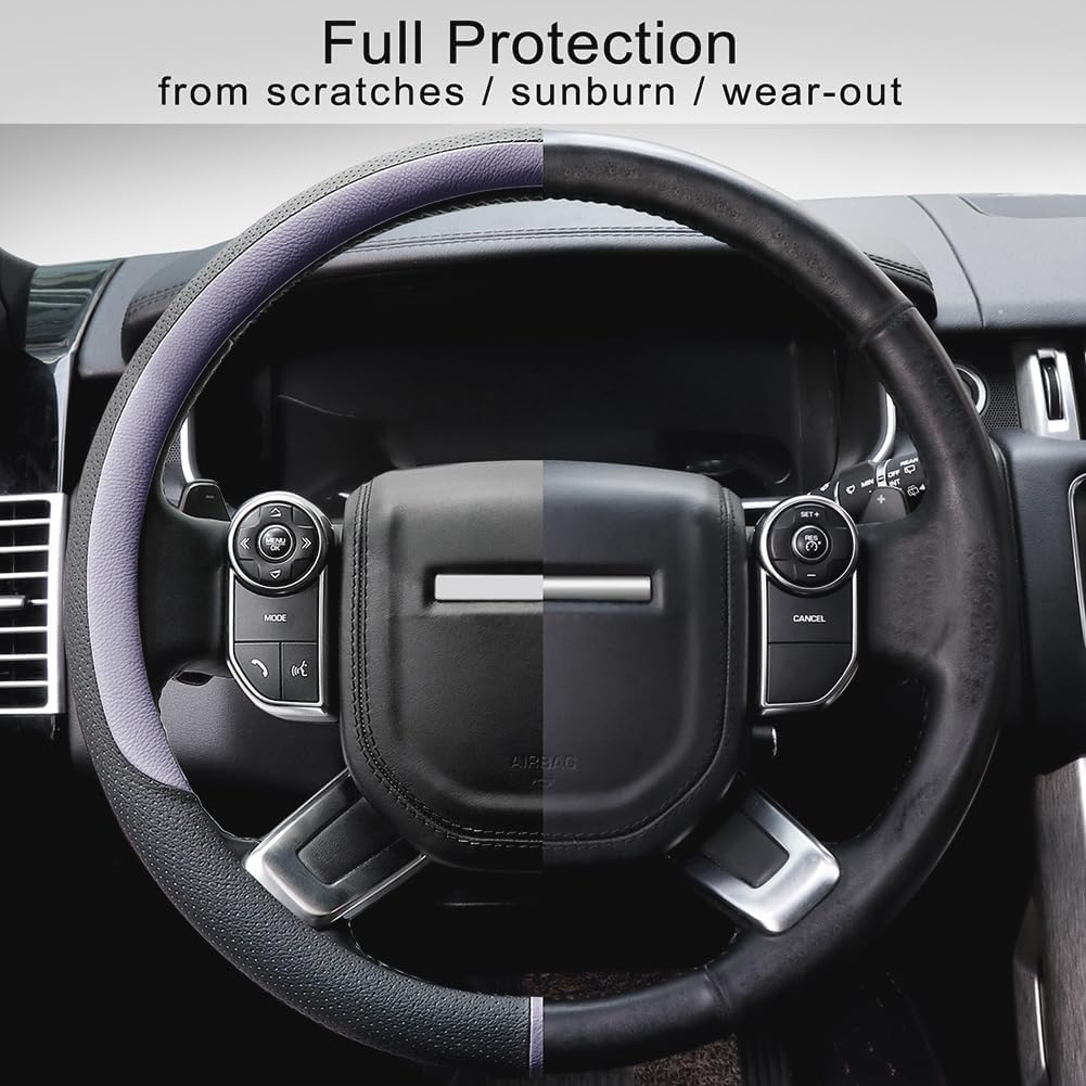 COFIT Breathable Car Steering Wheel Cover 15 inch Auto Universal Leather Wrap Non-Slip Steeringwheel Protector Automotive Interior Accessories, Purple (Suit for 14.5-15 inch)