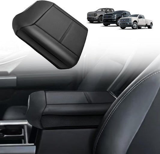 Muslogy Center Console Armrest Cover Compatible with Ford F250 F350 F450 2023 2024 2025 Super Duty Comfort Armrest Pad Arm Rest Cushion Vegan Leather Protector 1-Inch Extra Thick(Bucket Seat ONLY)