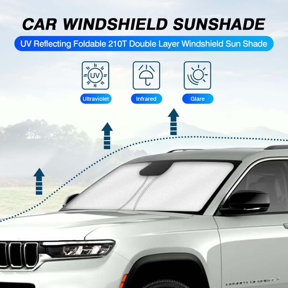 KUST Windshield Sun Shade for 2021-2024 2025 Jeep Grand Cherokee/Grand Cherokee L Accessories SUV Window Sunshade Sun Visor Protector Foldable Blocks UV Rays Keep Your Car Cooler