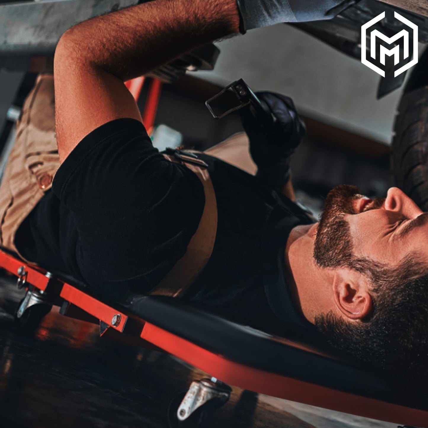 M-AUTO Heavy-Duty Automotive Creeper with 3-leves Adjustable Headrest, 42.5" Padded Metal Frame Creeper with Tools Tray for Garage Shop, 6 Noiseless Casters 300LBS Capacity, Red