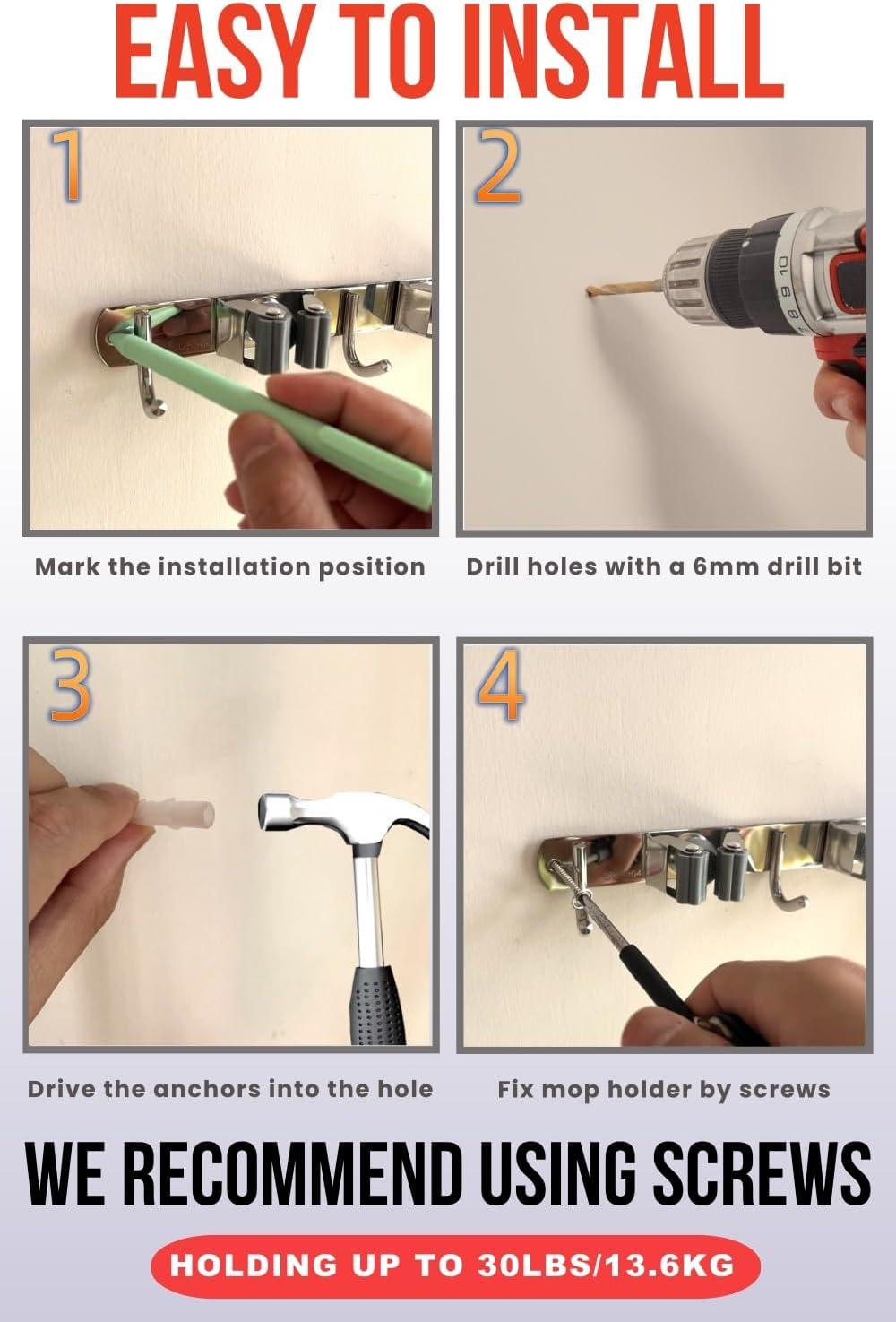 Mop and Broom Holder Wall Mount, Upgraded Broom Hanger Wall Mount, Stainless Steel Broom Organizer for Closet Garage Laundry Room Kitchen Wall Decor(5Racks 4Hooks Silver)