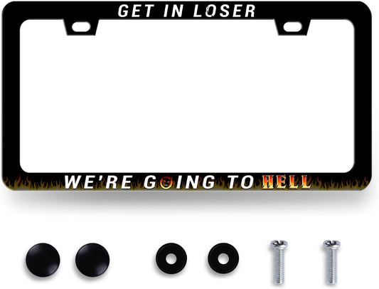 Get in Loser We're Going to Hell License Plate Frame Jesus License Plate Frames for Personalized Car Decorative Stainless Steel Funny License Plate Holder Christian Auto Part 12.2" x 6.2"