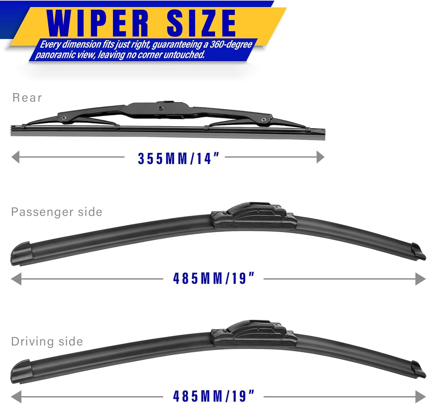 3 wipers Replacement for 2008-2012 Jeep Liberty, Windshield Wiper Blades Original Equipment Replacement - 19"/19"/14" (Set of 3) U/J HOOK