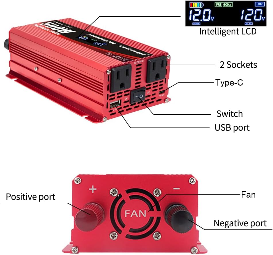 500 Watt Car Power Inverter DC 12V to 110V/120V AC Converter with LCD Display 2 AC Outlets 3.0A USB and Type-C Car Charger Adapter for Car Home Laptop Truck