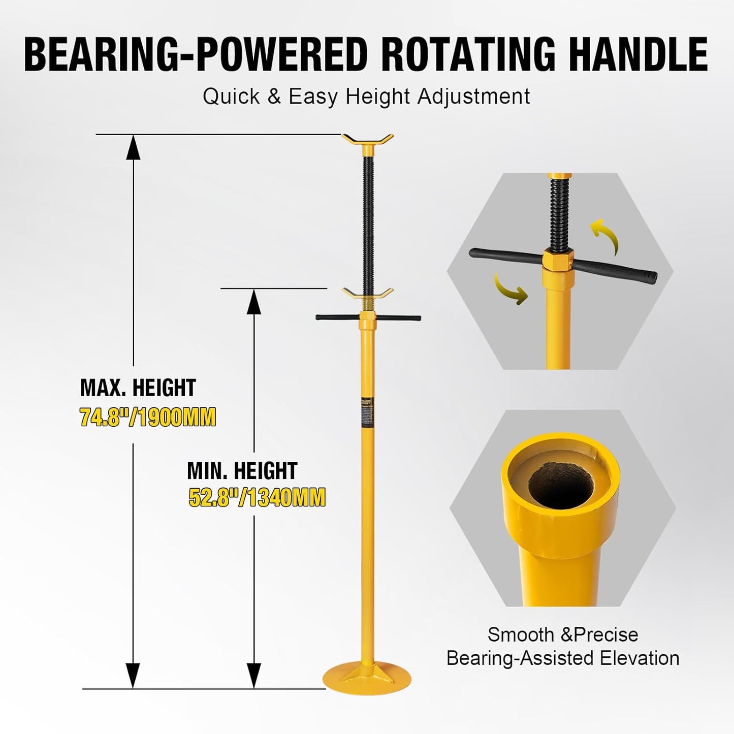 YELLOW JACKET Underhoist Support Stand 3/4 Ton Capacity Lifting from 52.8" to 76", 12 Inch Diameter Base, Bearing Mounted Spin Handle, Contoured Saddle Supports Vehicle Components, Self-Locking Screw