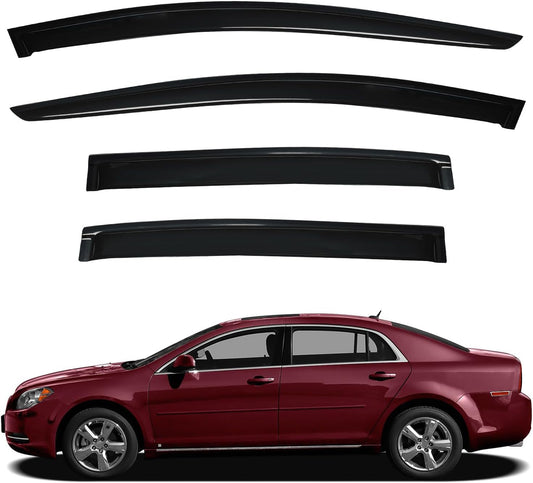 Window Visors Sun/Rain Guard Compatible with 2008 2009 2010 2011 2012 Chevy Malibu 08-12 Malibu Front+Rear Smoke Tint Outside Mount Tape-On Vent Window Wind Deflectors