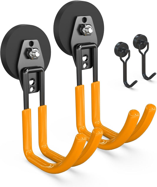 3-H Heavy Duty Magnet Garage Hooks 2 Pack, J Shape Strong Magnetic Hooks for Hanging Cordless Power Drill, Utility Magnetic Tool Holder for Metal Cabinet, Steel Pegboard, Toolbox, Garage(Orange)