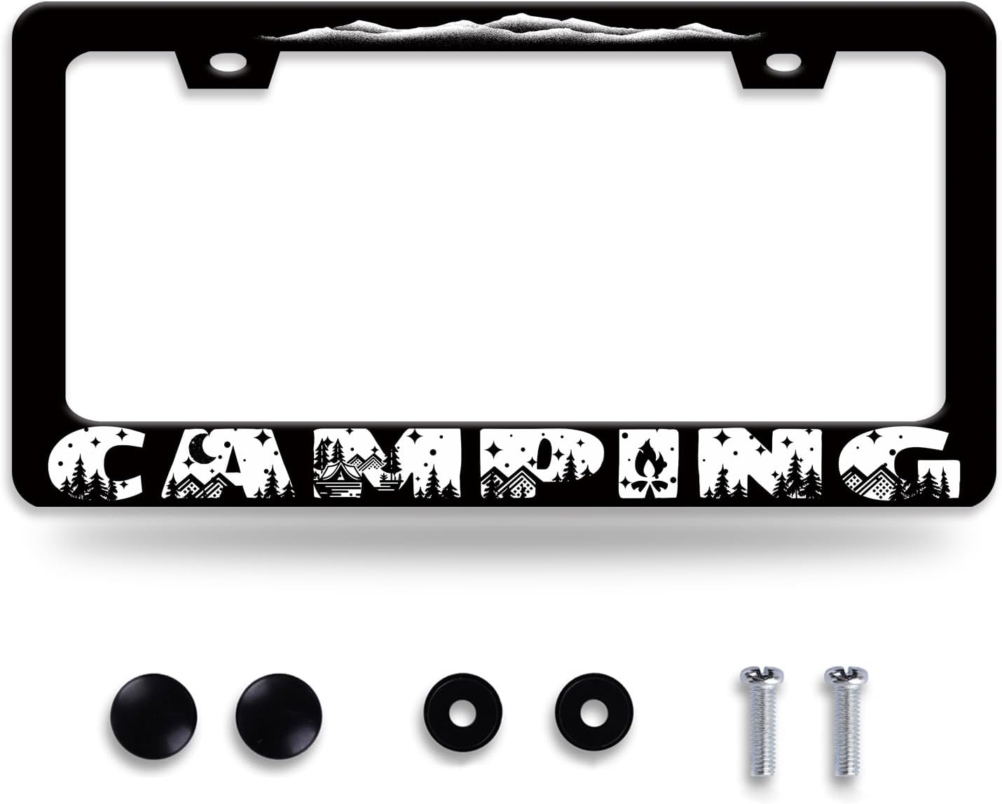 Camping License Plate Frame Mountains License Plate Holder Forest for Car Decorative Parts Stainless Stee License Plate for Standard Us Canada Funny License Plate Frames 12x6 Inch