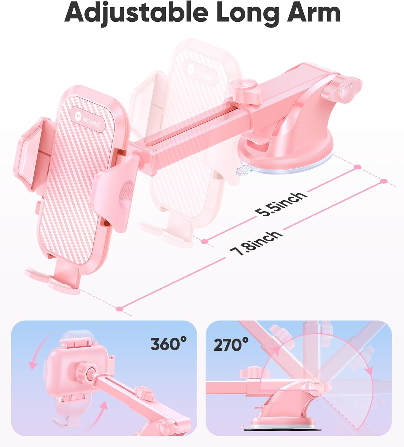 VICSEED Pink Phone Holders for Your Car, [True Military-Grade Strongest Suction Power], 3-in-1 Dashboard Windshield Vent, Truck Boat Stand Cell Phone Mount for iPhone Android All Phones