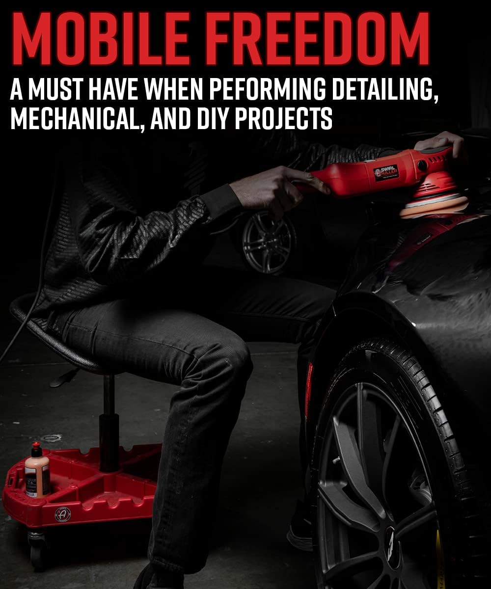 Adam's Polishes Pro Rolling Stool, Car Detailing Stool Chair, Shop Stool with Wheels, Garage Organizer, Tool Organizer Tray, Adjustable Height for Car Cleaning Buffer Polisher Ceramic Coating Car Wax