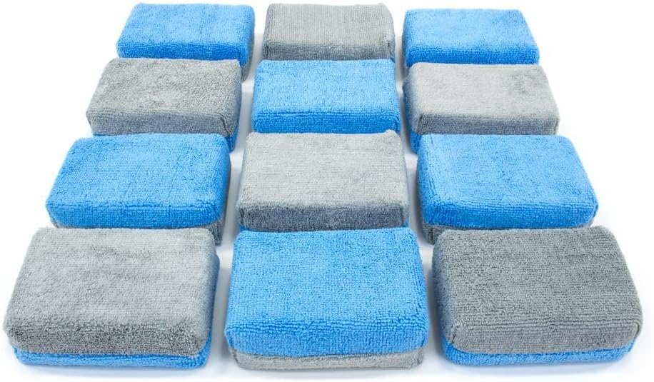 Autofiber Thick [Saver Applicator Terry] Ceramic Coating Applicator Sponge | 12 Pack | with Plastic Barrier to Reduce Product Waste. (Blue/Gray)
