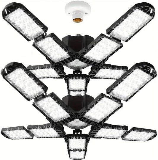 2 Packs LED Garage Light, Super Bright Screw in E26/E27 Ceiling Shop Work Lamp, 260W 26000 Lumen Deformable Basement Bulb Fixture with 10+1 Adjustable Panels, Lighting for Workshop, Attic