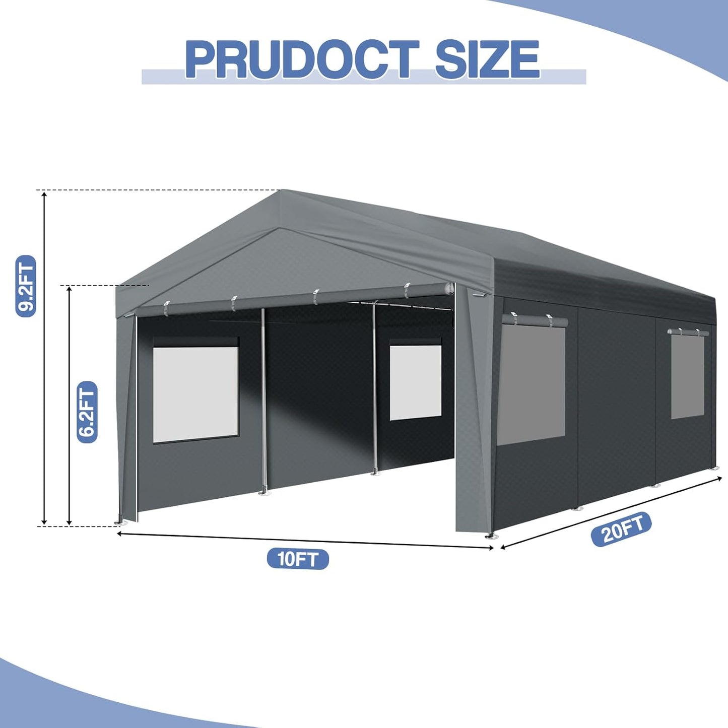 VINGLI 10x20 Carport Canopy Portable Garage with Roll-up Windows & Removable Sidewalls, Car Canopy Heavy Duty Car Tent for SUV, Boats, RVs, Trucks