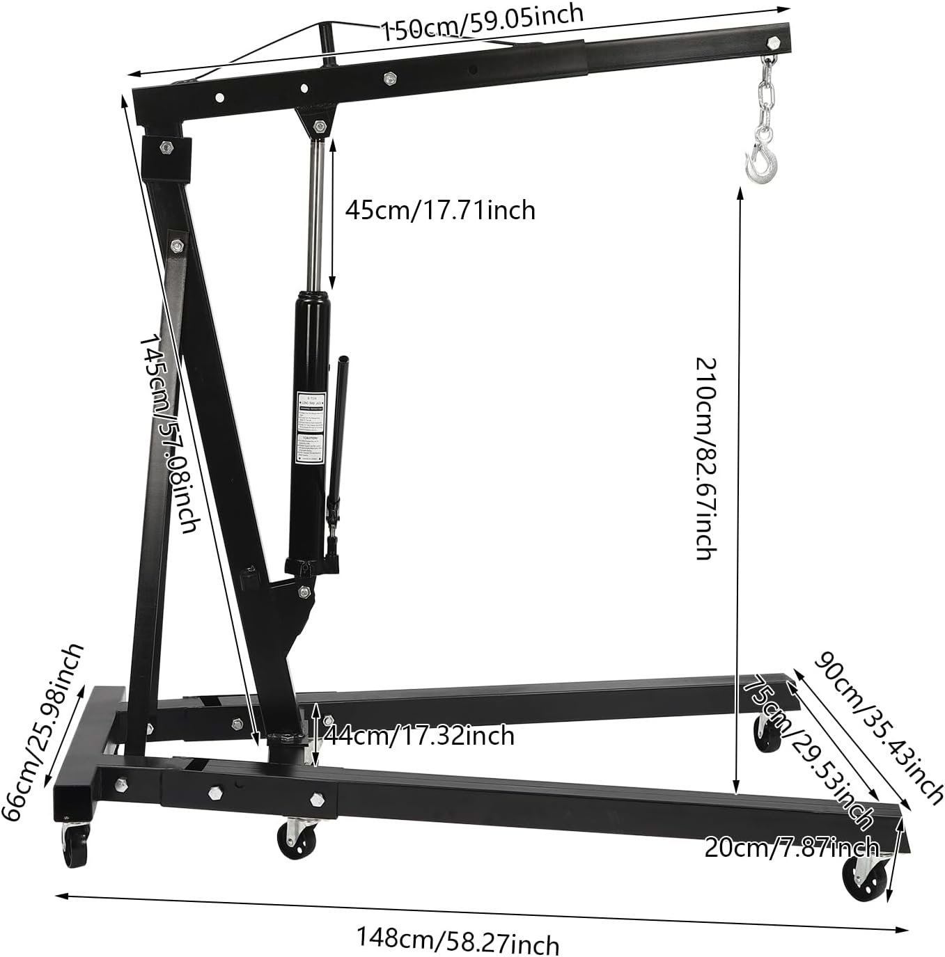 2 Ton Folding Engine Hoist 6.89Ft Lifting Height Heavy Duty Carbon Steel Crane Hoist Lift Hydraulic Powered Folding Engine Hoist Cherry Picker with 6 Wheels for Garage Workshop