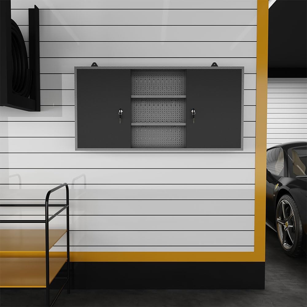 JZD Steel Wall Mount Storage Cabinet System with 22 Tool Hooks, for Garage Workshop Black & Grey
