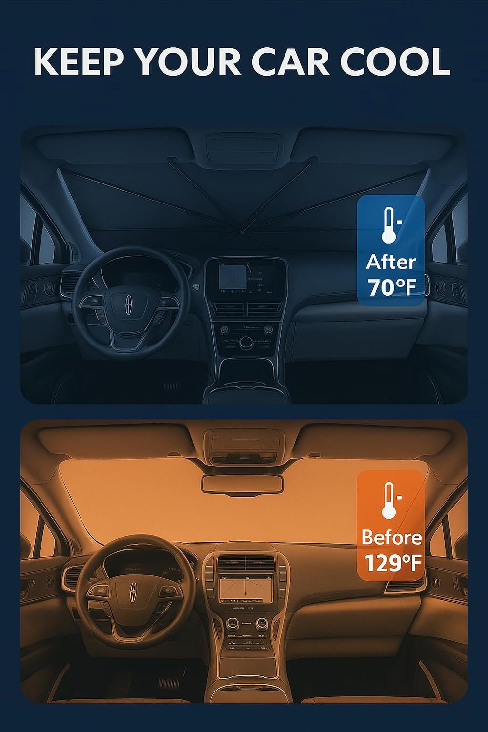 Proadsy Windshield Sun Shade Umbrella for Lincoln Nautilus 2014-2025 Foldable Car Umbrella Sunshade with Soft TPU Handle Spring Structure Crystal Cooling Material Protect Car from Rays & Heat