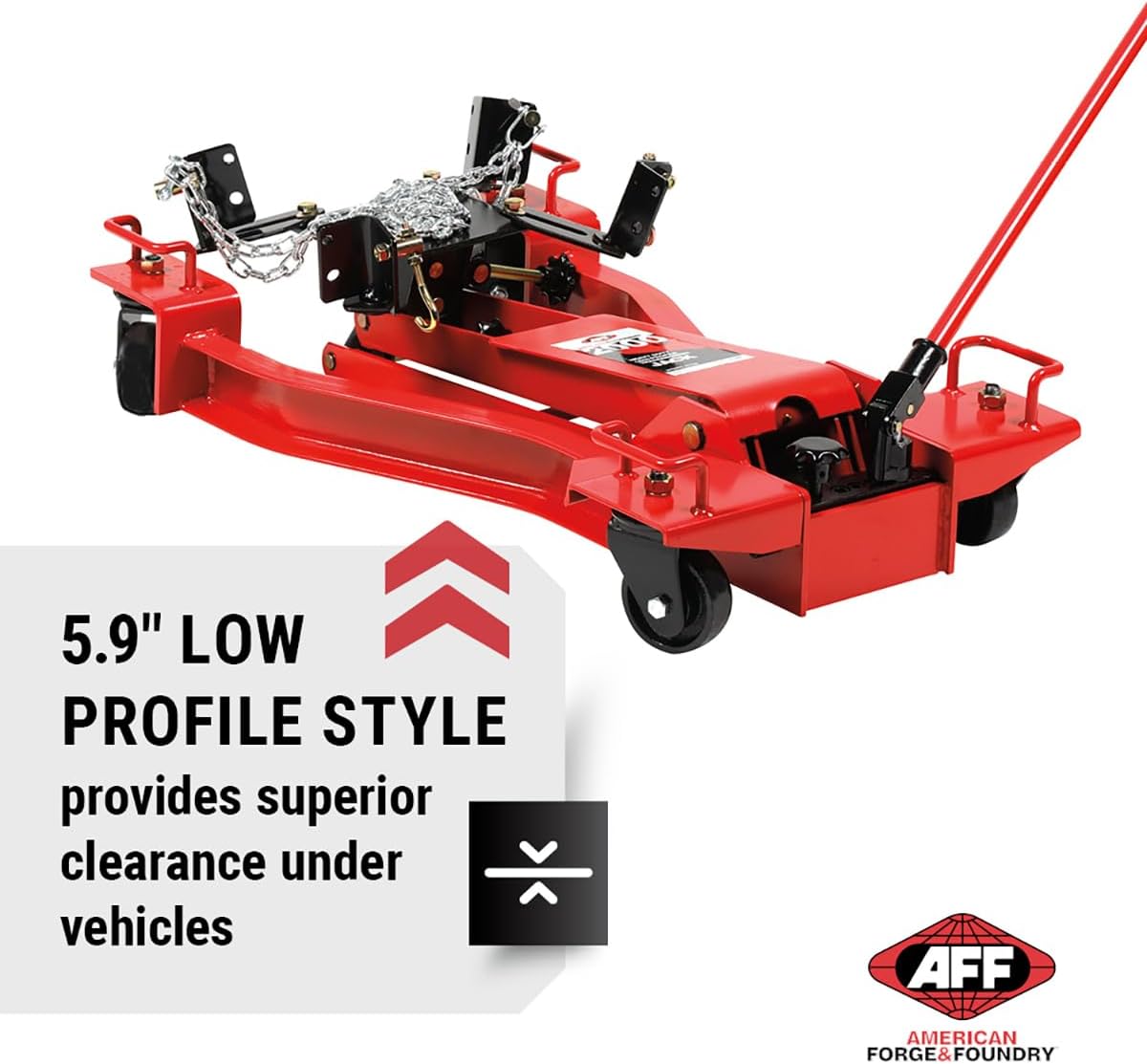 AFF Low Profile Manual Hydraulic Transmission Jack - Heavy Duty Steel Body, Adjustable Saddle with Safety Chain & 360 Handle - for Transmissions, Transfer Cases & Differentials (Multiple Capacities)