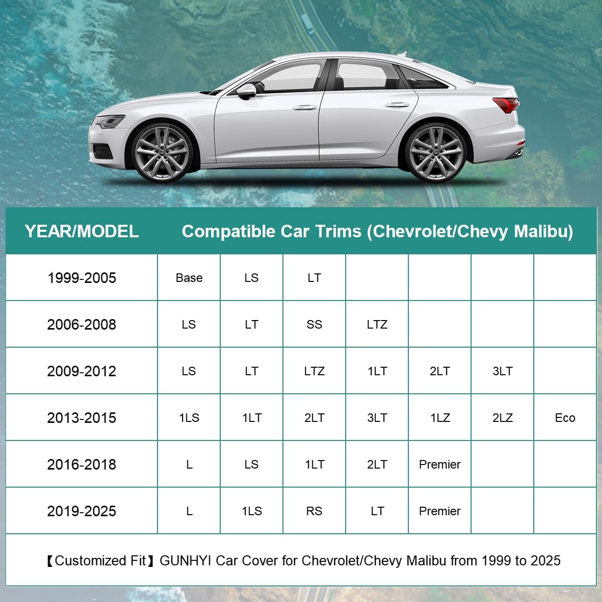 Premium Car Cover Custom Fit Chevrolet Chevy Malibu (1997-2025), 16 Layers Heavy Duty Car Cover Waterproof All Weather with Zipper Door for Sun Rain Snow Dust Uv Protection