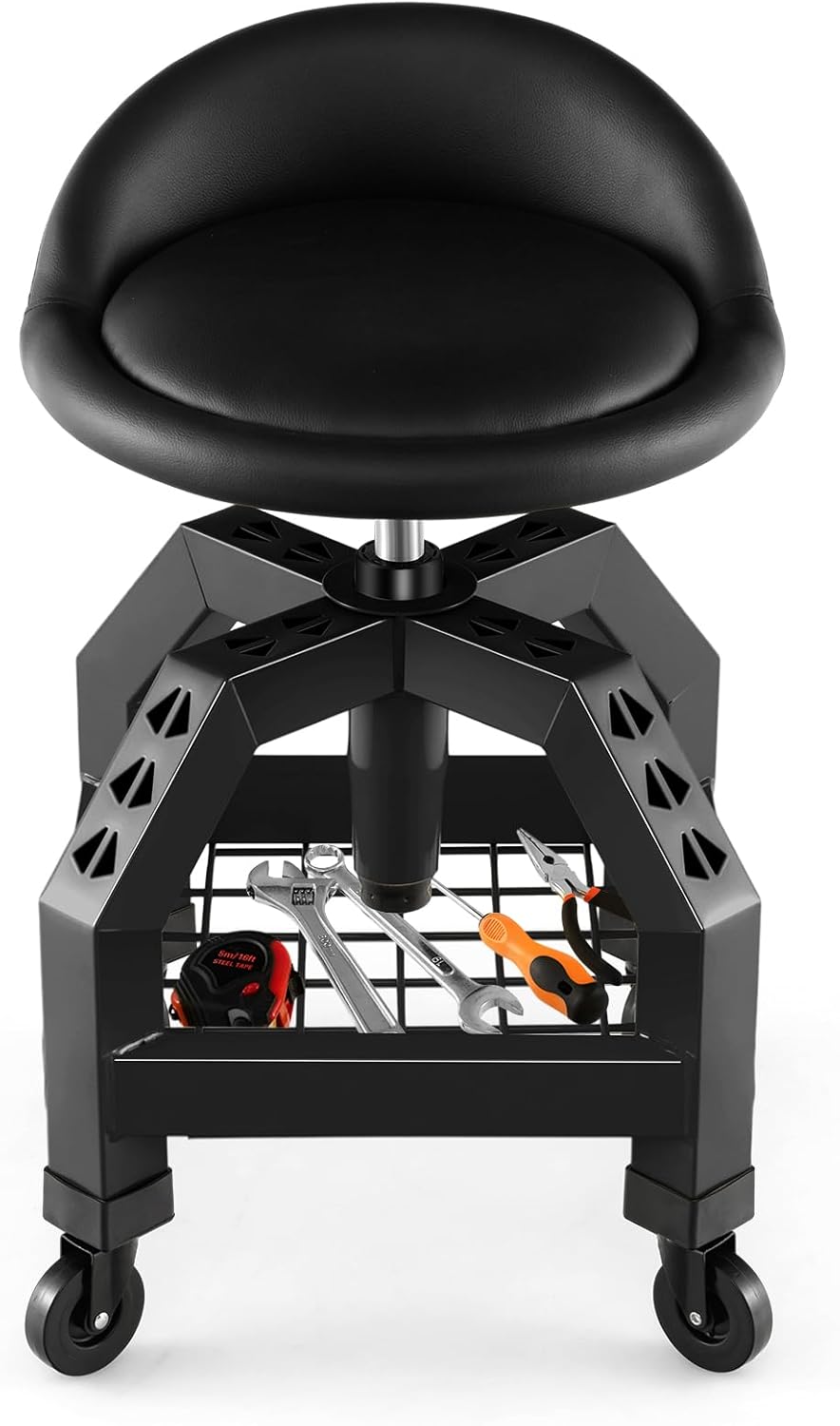 S AFSTAR Shop Stool with Wheels, Height Adjustable Garage Stool with 4 Universal Wheels & Tool Tray, 330 LBS Capacity, Heavy Duty Creeper Chair Seat Rolling Mechanic Stool for Garage Workshop (Black)