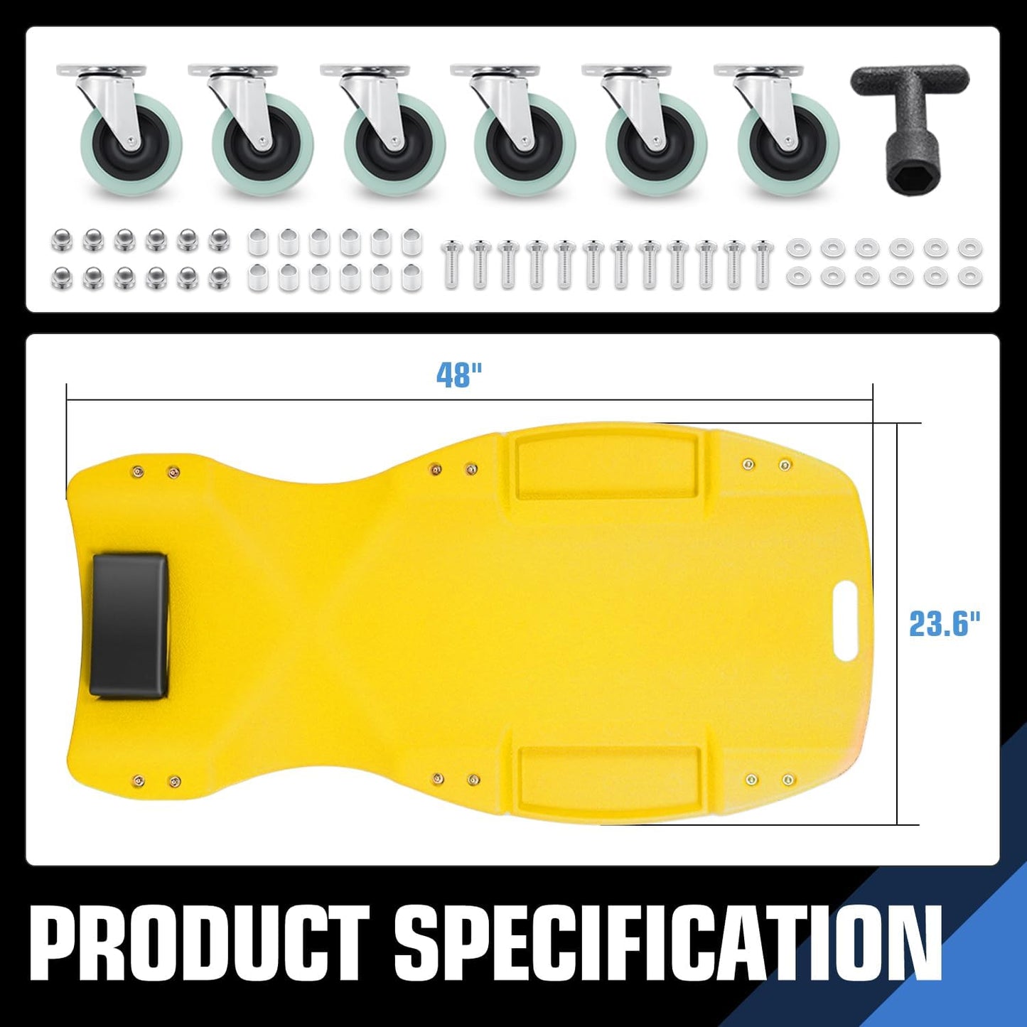 DNA MOTORING 48 Inches Heavy-Duty Low-Profile Roller Automotive Creeper with Padded Headrest, Yellow, TOOLS-00239-YL