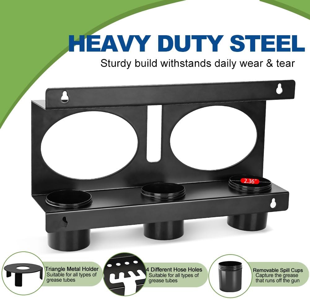 JDMON Grease Gun Holder Compatible with 2 Grease Guns, Grease Gun Rack Wall Mount Tractor, Grease Organizer, Grease Gun Storage with Removable Drip Cups & Spare Grease Tube Holder for Workshop, Garage