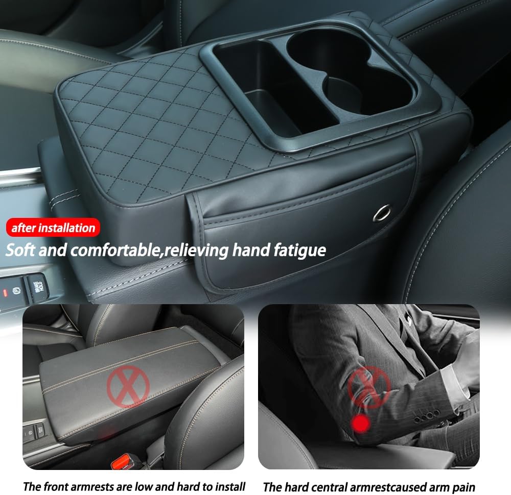 Universal Car Armrest Cushion Organizer - PU Leather Center Console Pad with Cup Holder, Phone Storage & Side Pockets, Multifunctional Armrest Cover for Most Vehicles