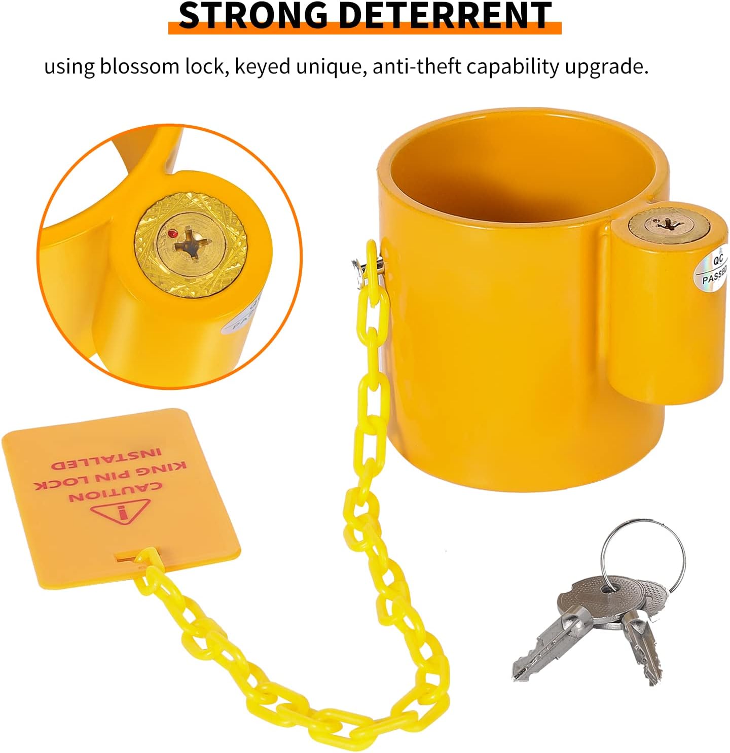 5-Wheel Solid Steel Trailer King Lock Anti-Theft, Trailer Hitch Locks with Bright Yellow Warning Label and 2 Keys, Suitable for RVs, containers, and Trailers.