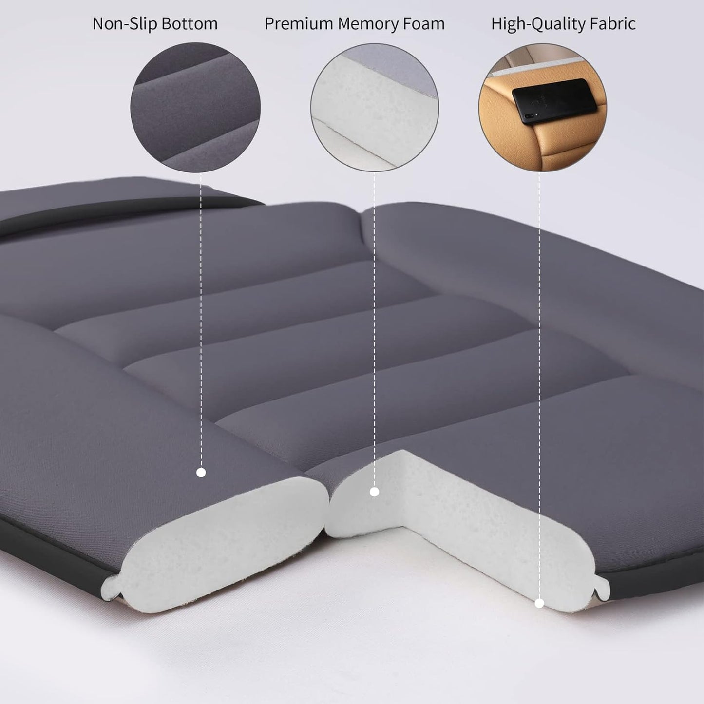 Premium Car Seat Cushion, Driver Cushion with Comfort Memory Foam & Non-Slip Rubber Bottom, Car Seat Pad Works with 95% of Vehicles and Office Chair or Home (Grey)