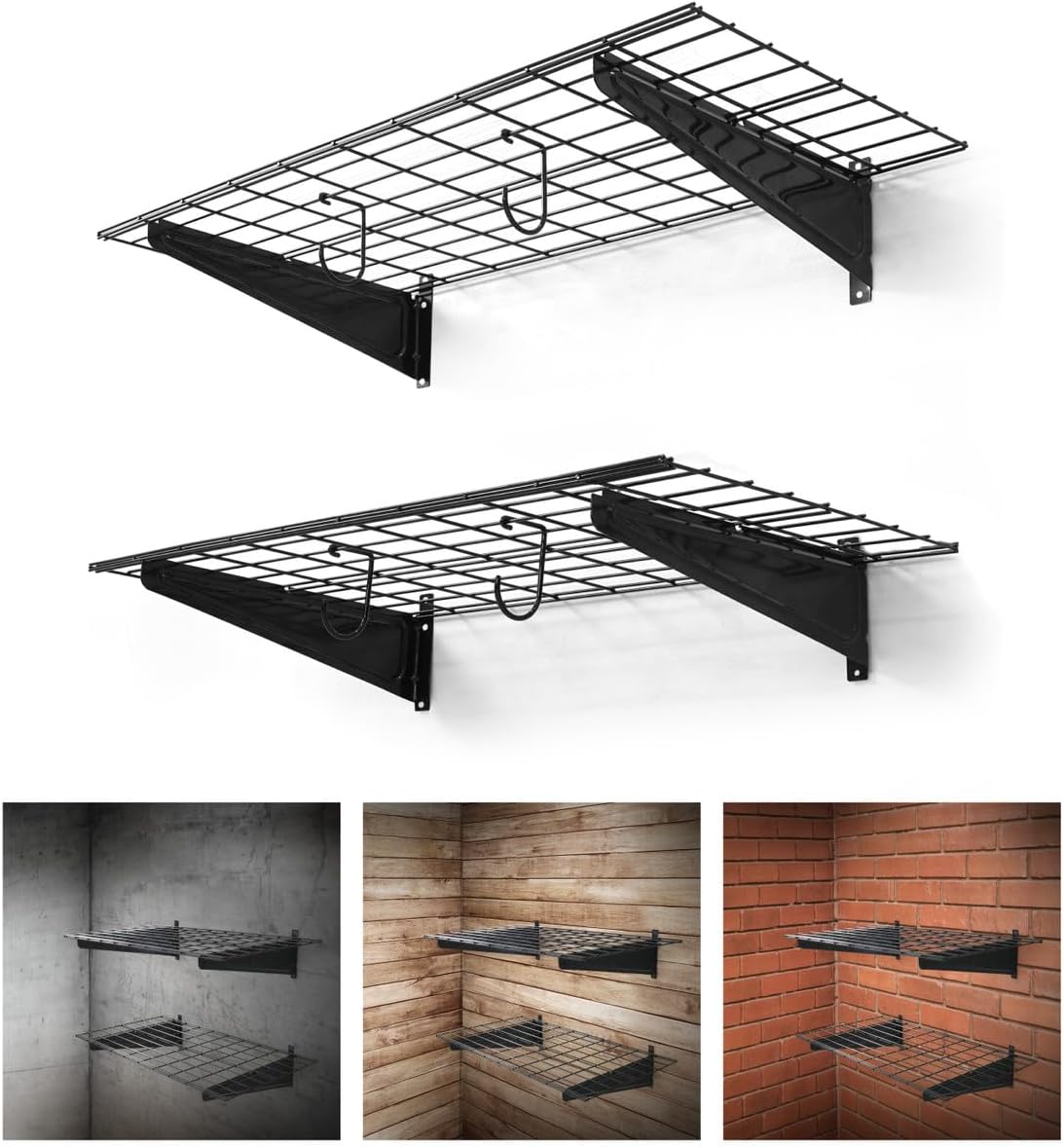 Fencer Wire 36 in. W x 18 in. D Wall Mounted Garage Wall Shelving w/ 2 Hooks, Black Wall Shelf, Heavy Duty Garage Wall Storage System, Garage Organizer Floating Shelves, 500lb Weight Capacity