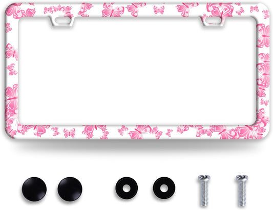 Pink Butterfly License Plate Frame Funny Animal License Plate Frames Stainless Steel Accessories Cars Decor with 2 Holes and Screws Fits Standard Us Ca Vehicles License Plate Holder 12.2 X 6 Inch