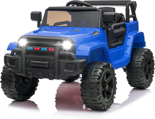 JOYMOR Ride on Truck with Remote Control, 4 Wheels 12V Battery Powered Kids Car, with LED Headlight/Horn Button/ MP3 Player/USB Port/Forward Backward/Kids Girl Boy (Blue)