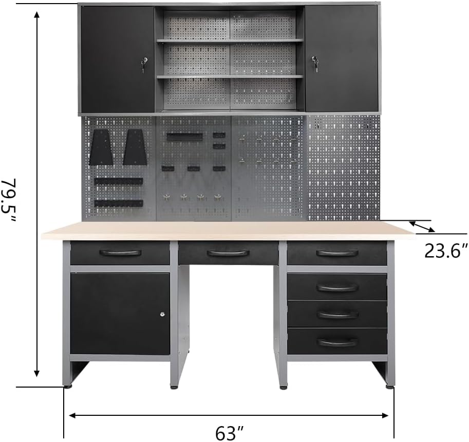JZD Metal Storage Organization System, Wall Mount Tool Cabinet, Wood Tabletop, for Garage Workshop Utility Room